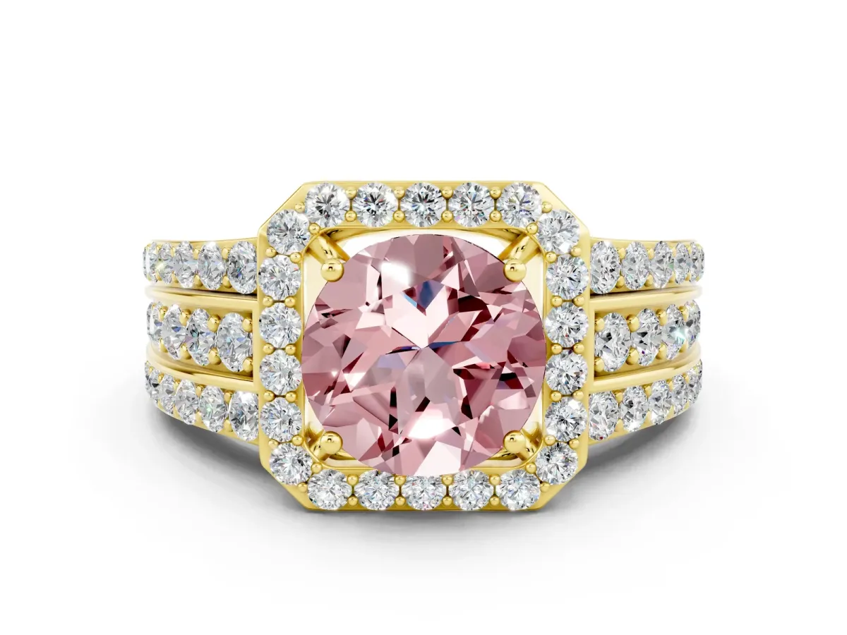 Round Cut Halo Morganite Ring with Round Split Shank and Prong Setting Yellow gold