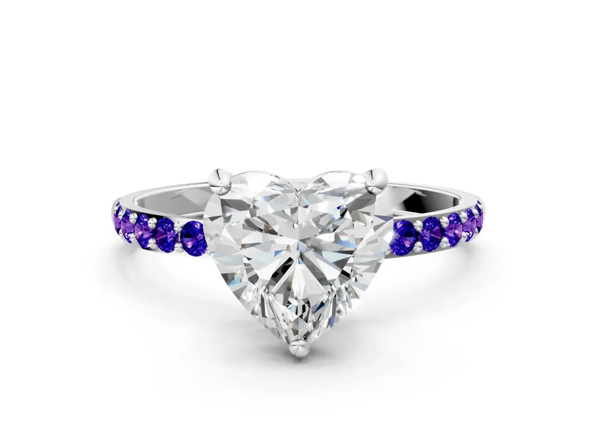 Heart Cut Diamond Solitaire Ring with Round Tanzanite Pavé Band and Prong Setting Platinum