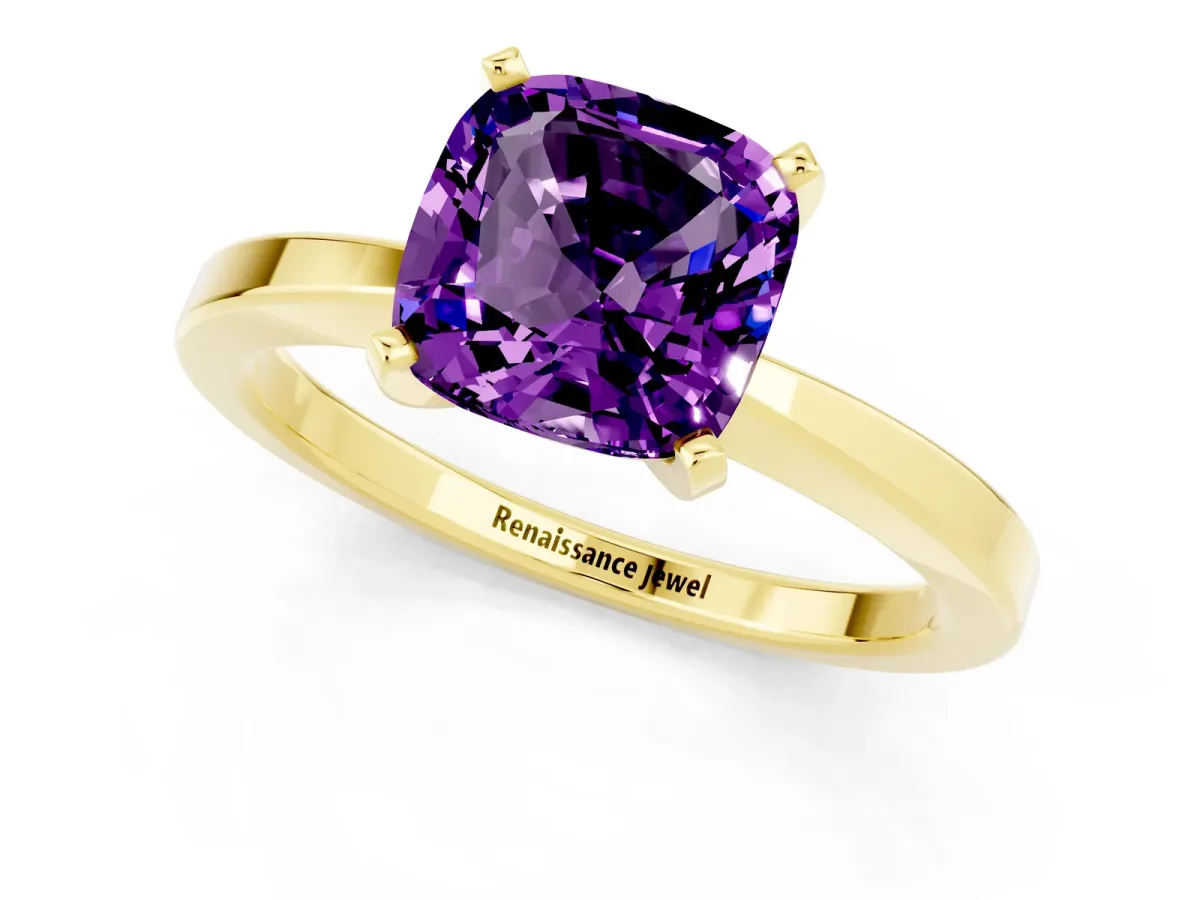 Cushion Cut Amethyst Solitaire Engagement Ring with Classic Band and Four-Prong Setting Yellow gold