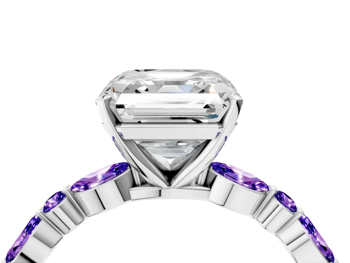 Asscher Cut Diamond Ring with Marquise and Round Tanzanite Side Stones and Four-Prong Setting Silver