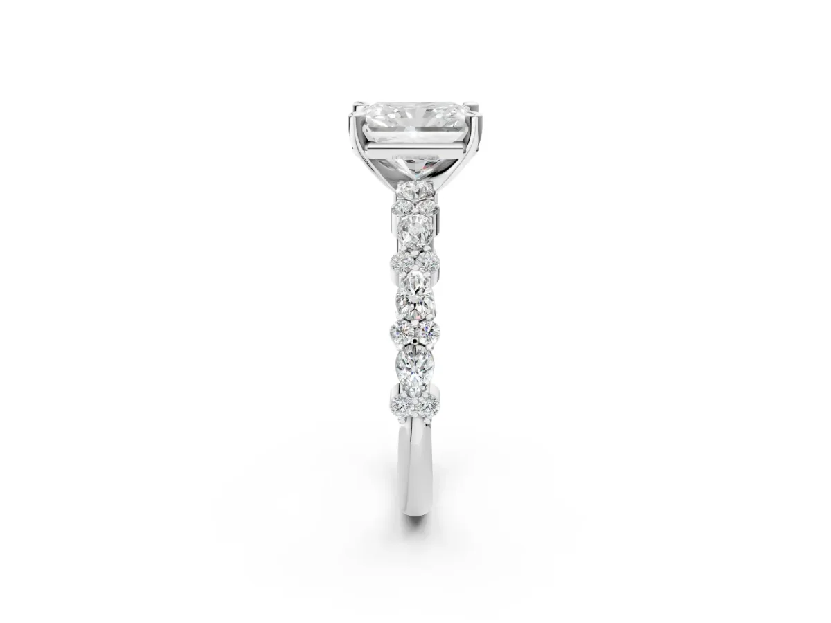 Radiant Cut Diamond Side Stone Solitaire Ring with Round Moissanite and Four-Prong Setting Platinum