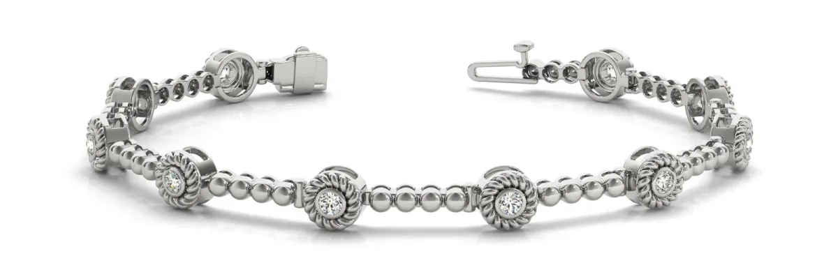 Round Bezel Set Diamond Tennis Bracelet with Beaded Band White gold