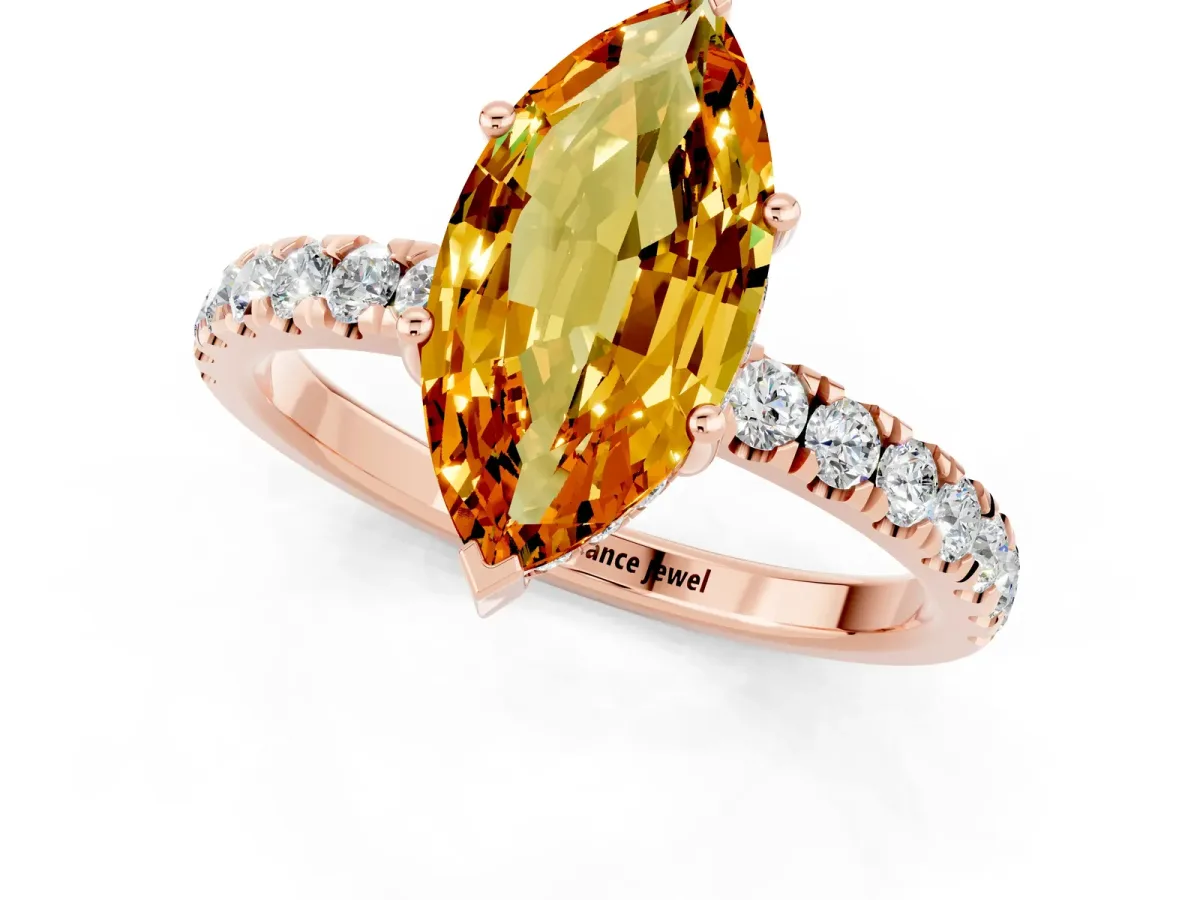 Marquise Cut Citrine Pave Band Solitaire Ring with Round and Prong Setting Rose gold