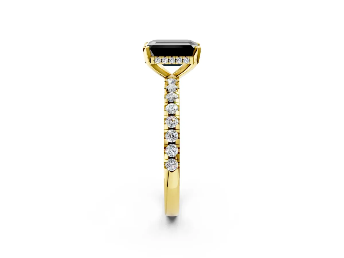 Fancy Black Emerald Cut Diamond Solitaire Ring with Round Pavé Band and Four-Prong Setting Yellow gold