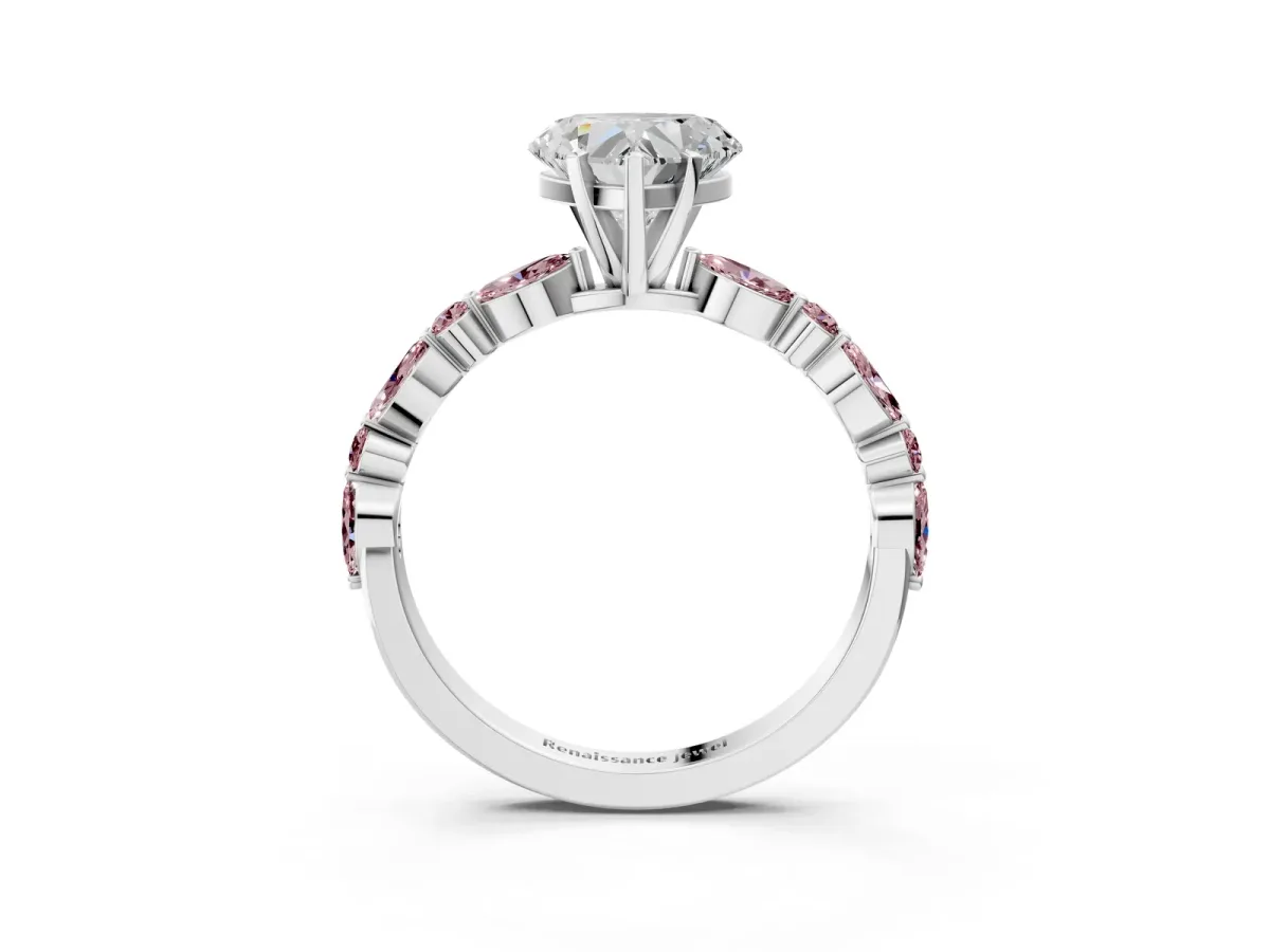 Heart Cut Diamond Ring with Marquise and Round Morganite Side Stones and Four-Prong Setting Silver
