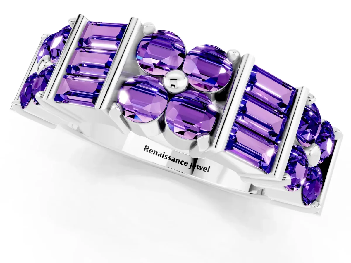 Channel Set Round and Baguette Tanzanite Anniversary Band with Prong Setting Silver