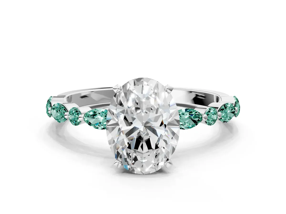 Oval Cut Diamond Ring with Marquise and Round Green Sapphire Side Stones and Four-Prong Setting Silver