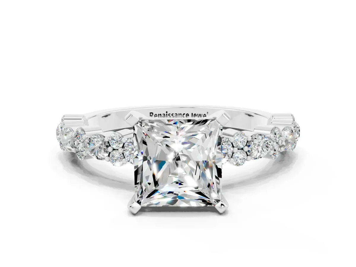 Princess Cut Moissanite Side Stone Solitaire Ring with Round and Four-Prong Setting Silver