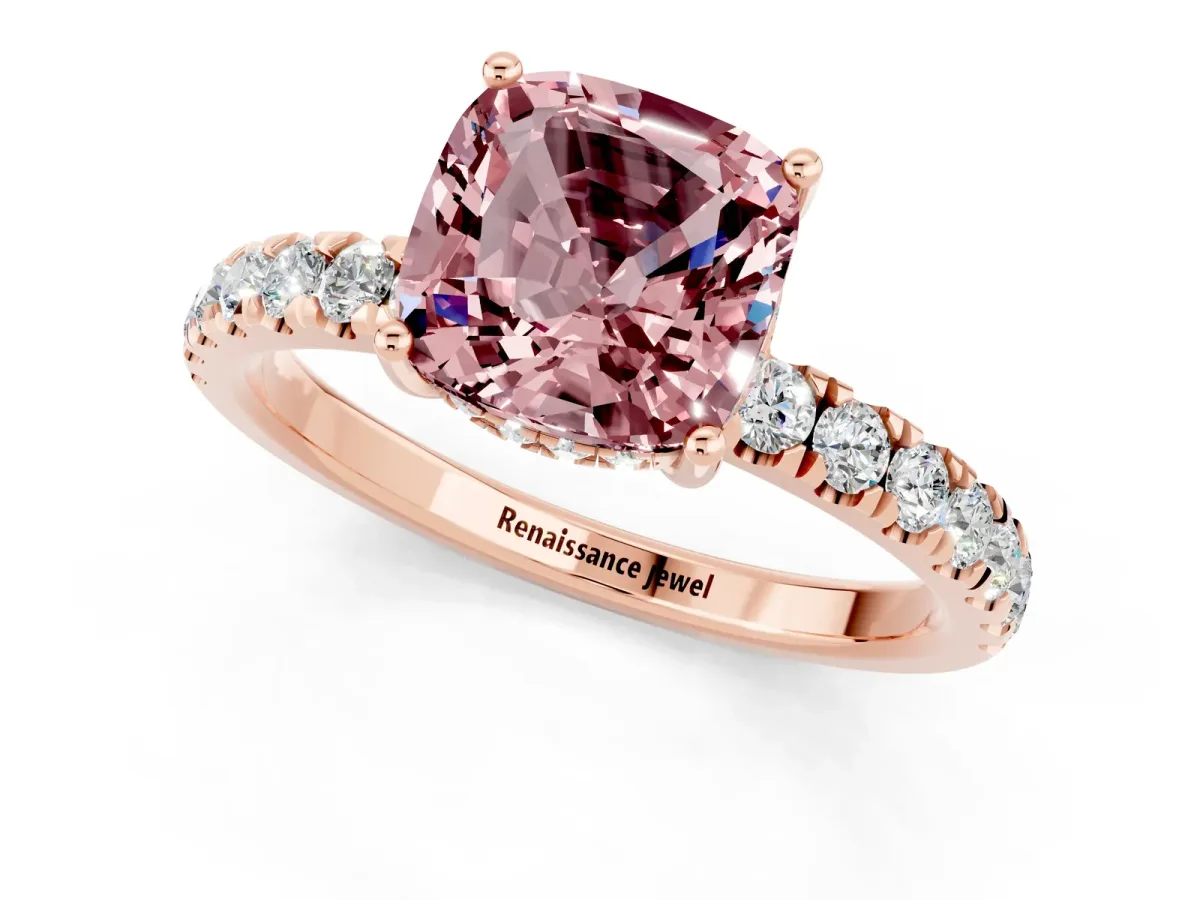 Cushion Cut Morganite Pave Band Solitaire Ring with Round and Prong Setting Rose gold