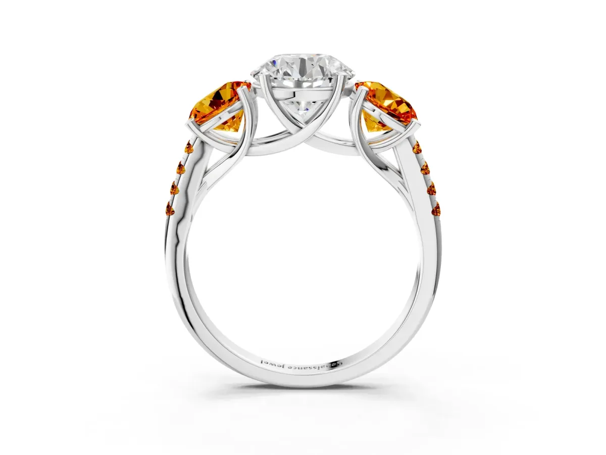 Three-Stone Round Cut Diamond Ring with Round Citrine Pavé Band and Prong Setting White gold