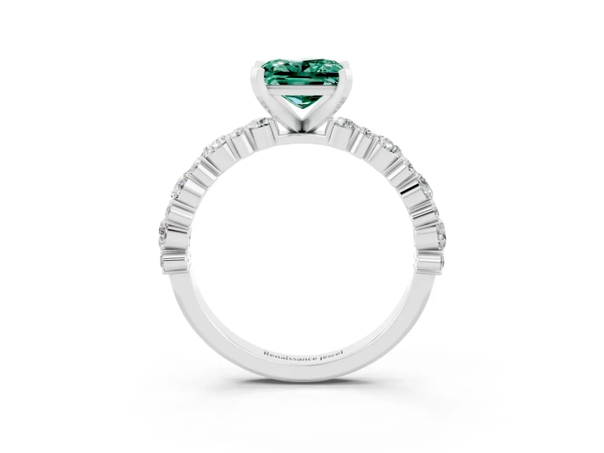 Princess Cut Green Sapphire Side Stone Solitaire Ring with Round and Four-Prong Setting Platinum