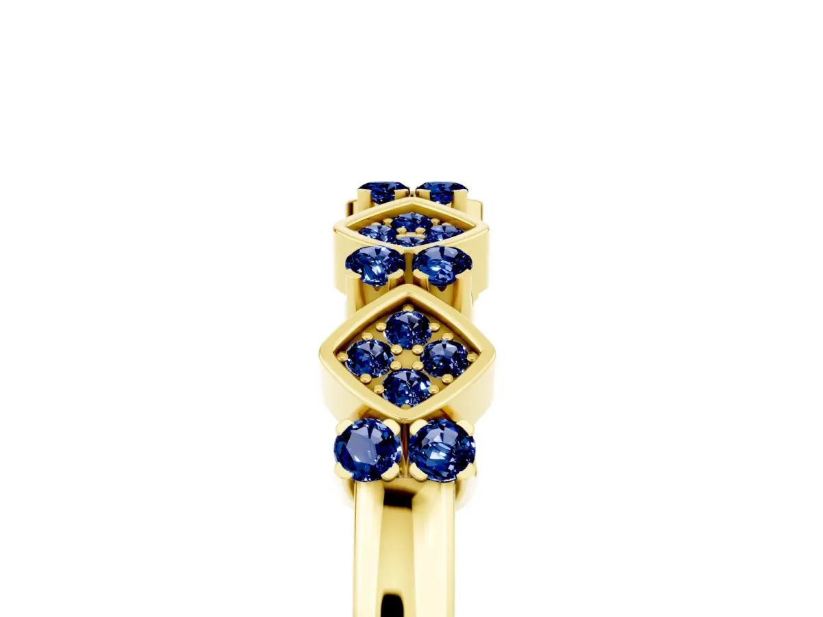 Pavé Cushion Blue Sapphire Cluster Eternity Band with Prong Setting Yellow gold