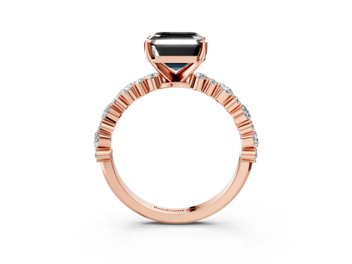 Fancy Black Asscher Cut Diamond Side Stone Solitaire Ring with Round and Four-Prong Setting Rose gold