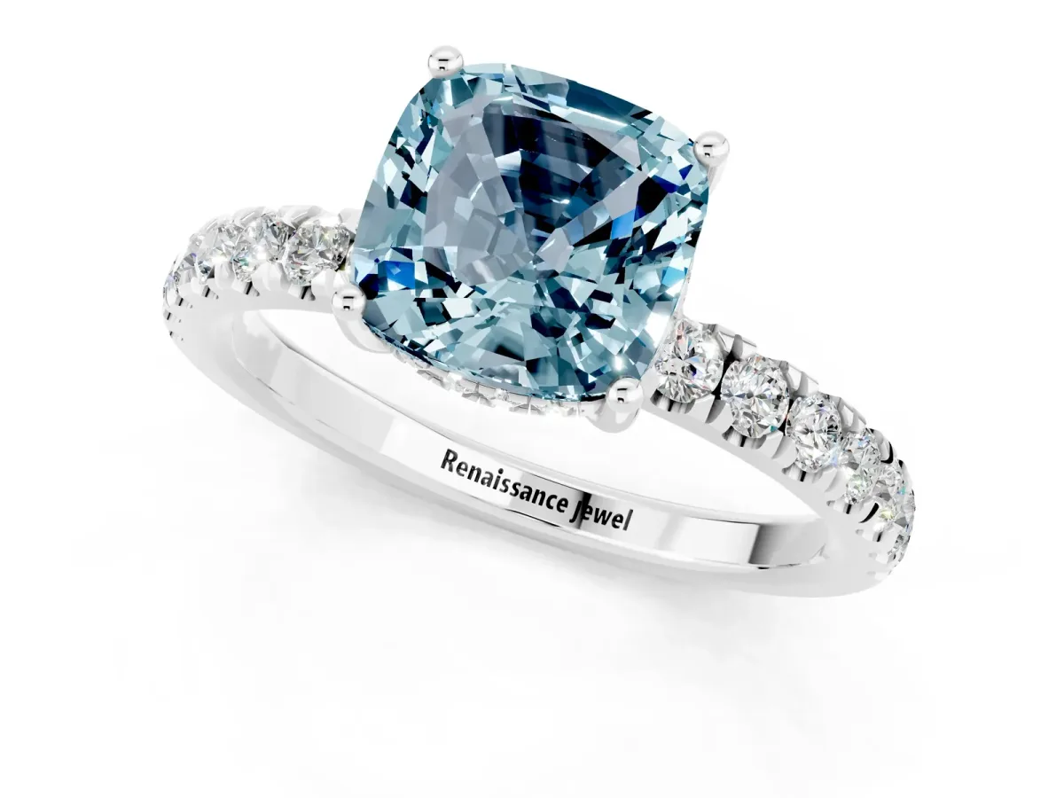 Cushion Cut Aquamarine Pave Band Solitaire Ring with Round and Prong Setting Platinum