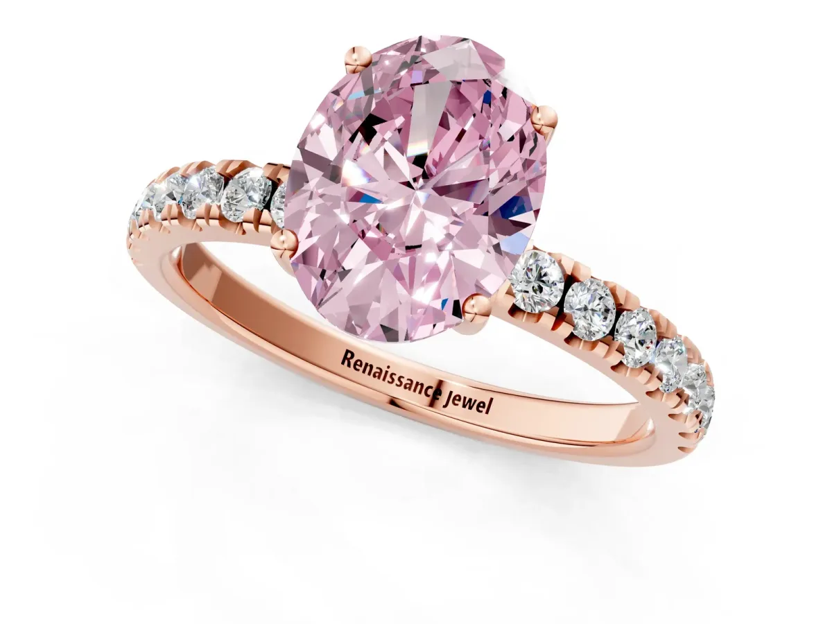 Fancy Pink Oval Cut Diamond Pave Band Solitaire Ring with Round and Prong Setting Rose gold