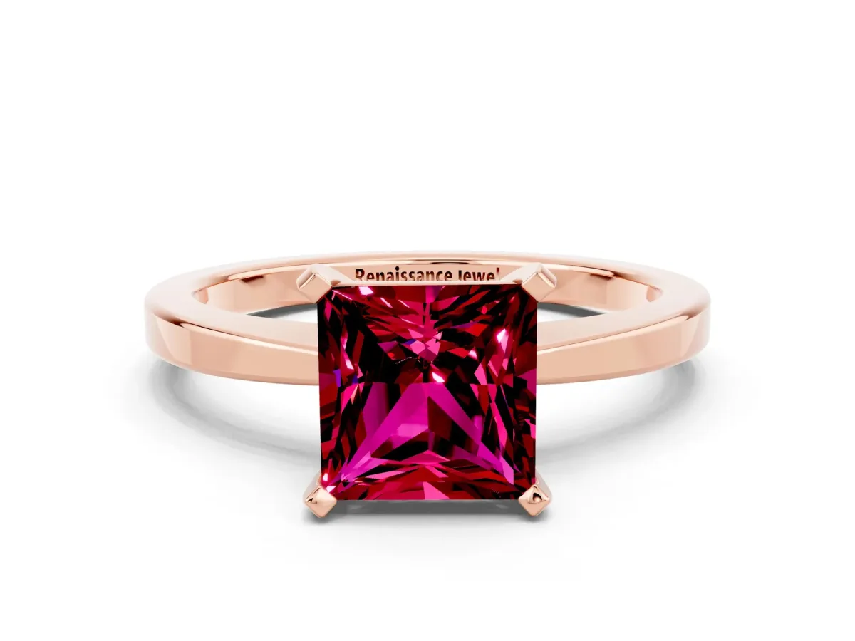 Princess Cut Garnet Solitaire Engagement Ring with Classic Band and Four-Prong Setting Rose gold