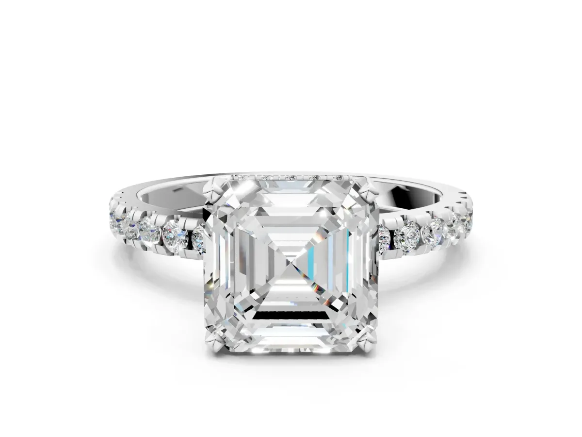 Asscher Cut Diamond Solitaire Ring with Round Pavé Band and Four-Prong Setting Platinum