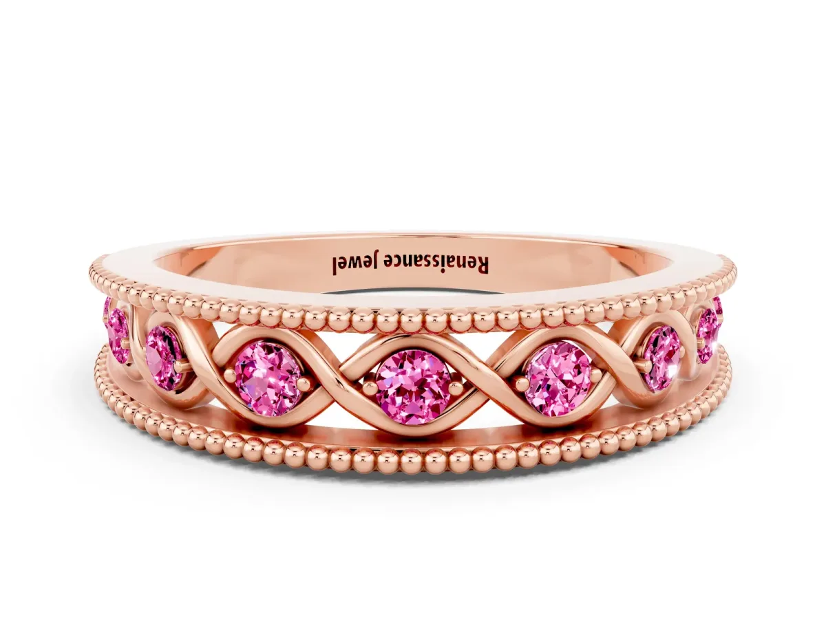 Round Pink Sapphire Twist Milgrain Band with Bezel Setting Rose gold