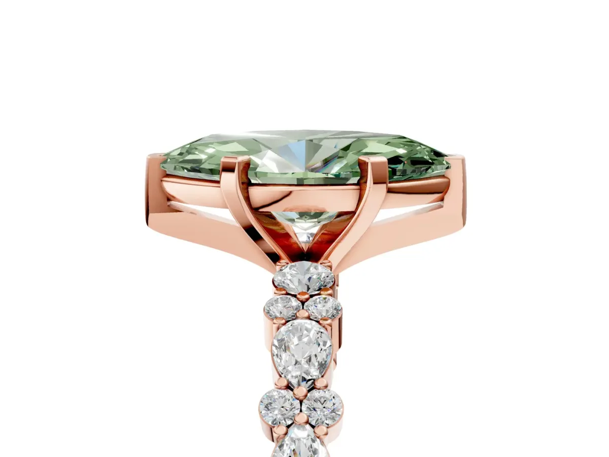 Fancy Green Marquise Cut Diamond Side Stone Solitaire Ring with Round and Four-Prong Setting Rose gold