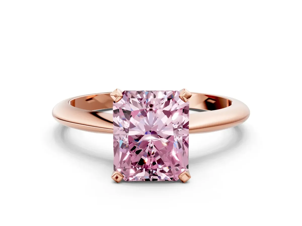 Fancy Pink Radiant Cut Diamond Solitaire Engagement Ring with Classic Band and Four-Prong Setting Rose gold