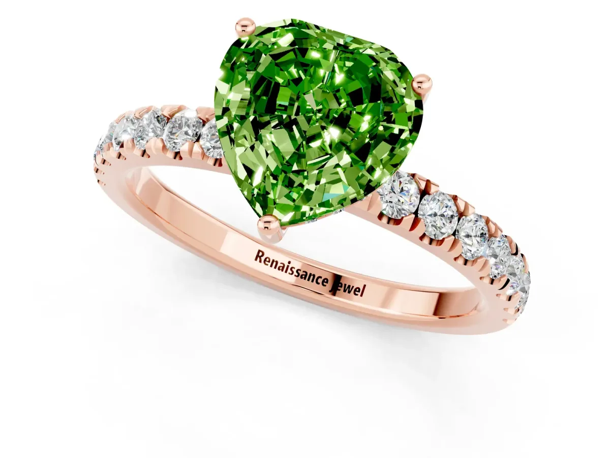 Heart Cut Peridot Pave Band Solitaire Ring with Round and Prong Setting Rose gold