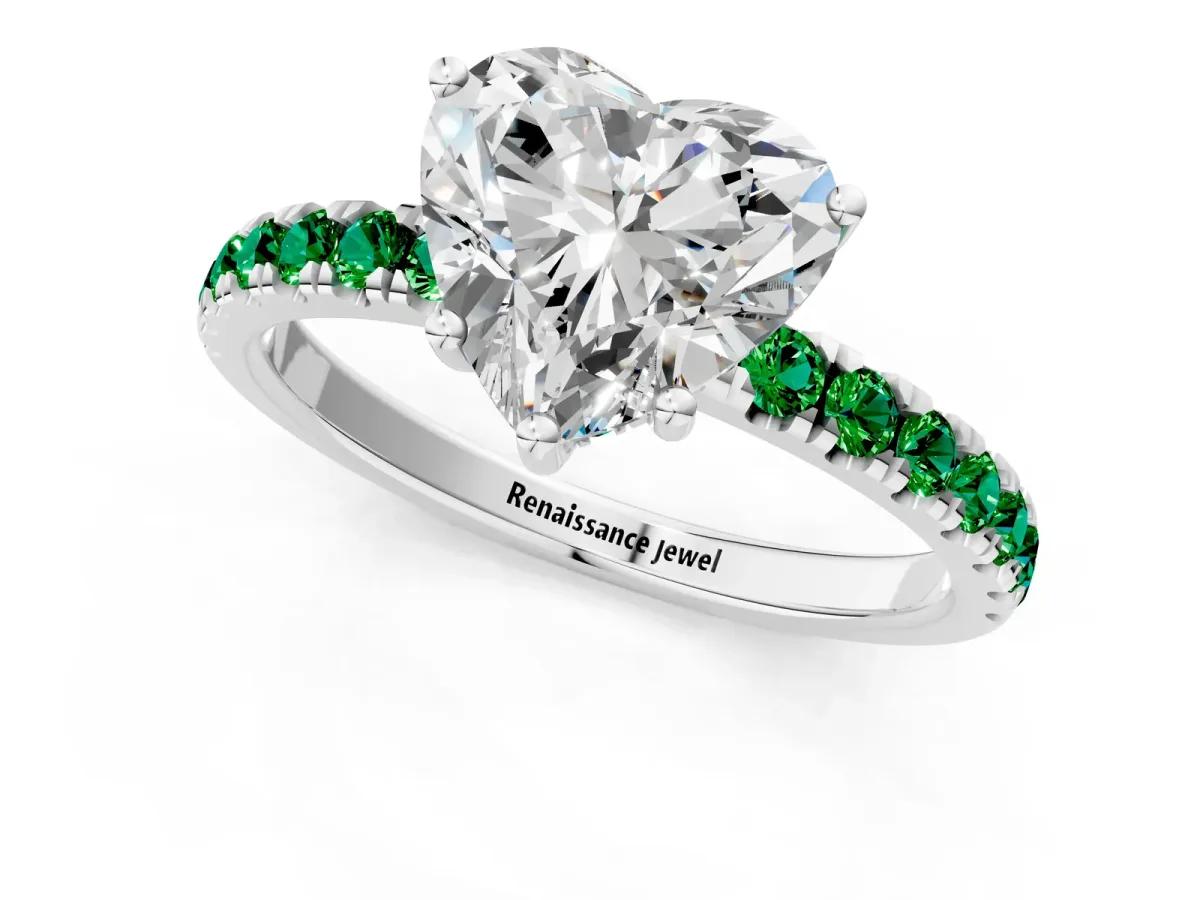 Heart Cut Diamond Pave Band Solitaire Ring with Round Emerald and Prong Setting Platinum