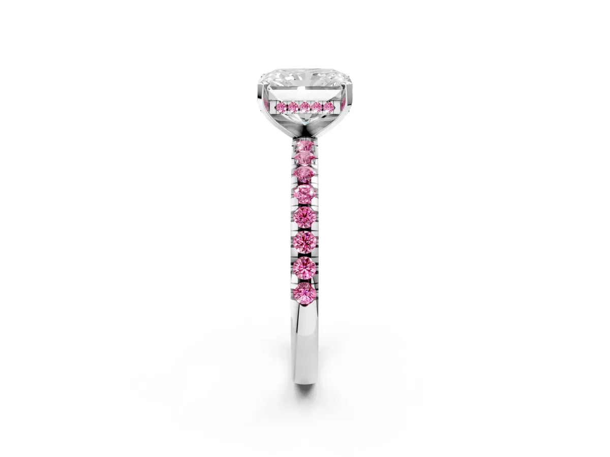 Radiant Cut Diamond Solitaire Ring with Round Pink Sapphire Pavé Band and Four-Prong Setting Silver
