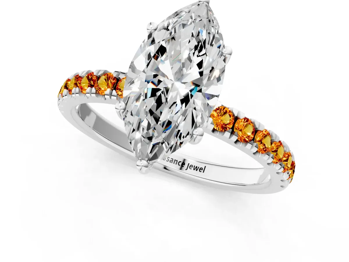 Marquise Cut Diamond Pave Band Solitaire Ring with Round Citrine and Prong Setting White gold