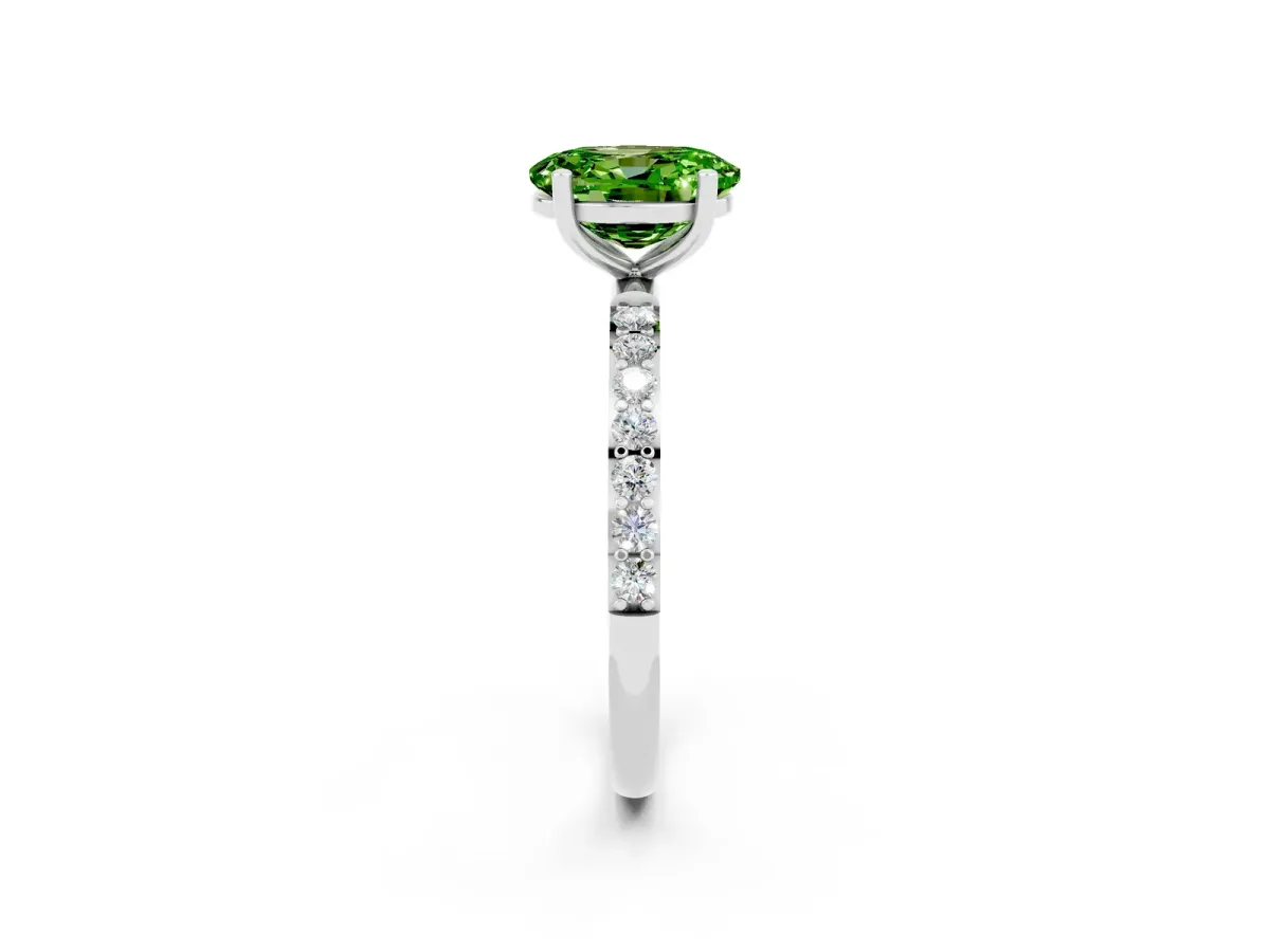 Oval Cut Peridot Solitaire Ring with Round Pavé Band and Prong Setting Silver