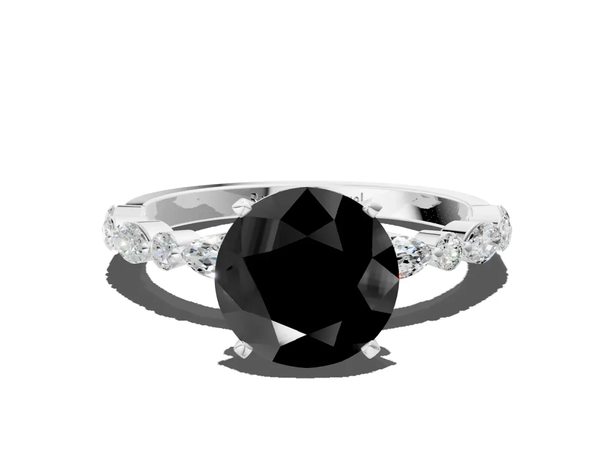 Fancy Black Round Cut Diamond Ring with Marquise and Round Side Stones and Four-Prong Setting Silver
