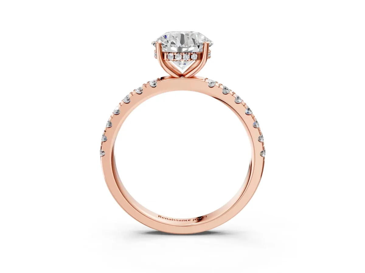 Round Cut Diamond Pave Band Solitaire Ring with Round Moissanite and Prong Setting Rose gold