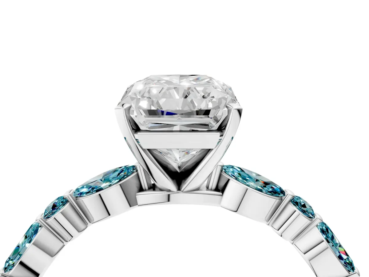 Radiant Cut Diamond Ring with Marquise and Round Blue Topaz Side Stones and Four-Prong Setting Platinum