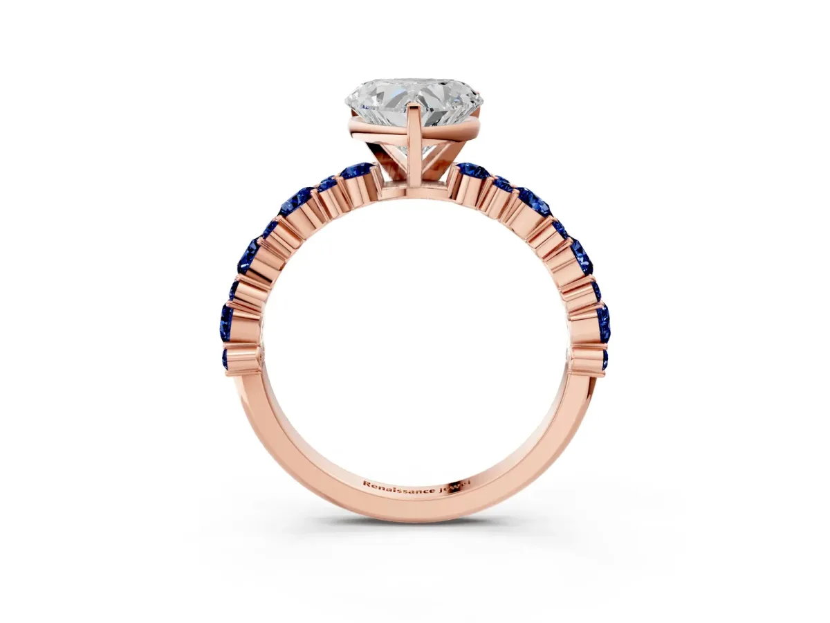Heart Cut Diamond Side Stone Solitaire Ring with Round Blue Sapphire and Four-Prong Setting Rose gold