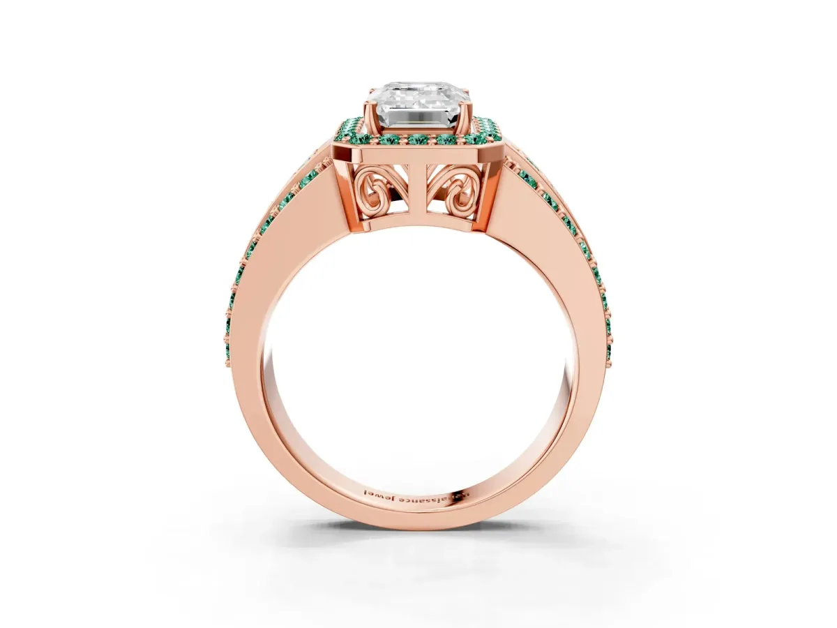 Emerald Cut Halo Diamond Ring with Round Green Sapphire Split Shank and Prong Setting Rose gold