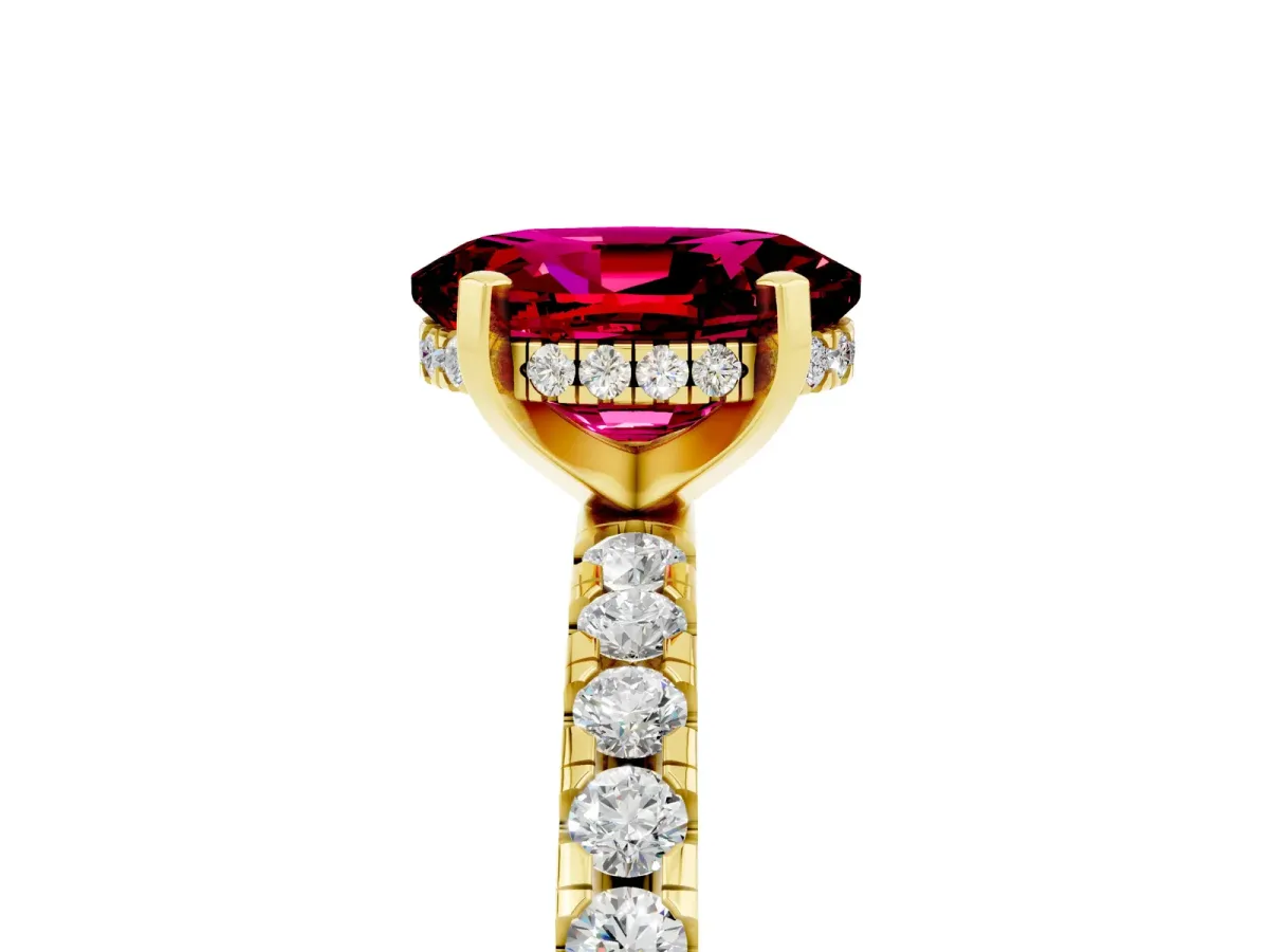 Oval Cut Garnet Solitaire Ring with Round Pavé Band and Four-Prong Setting Yellow gold