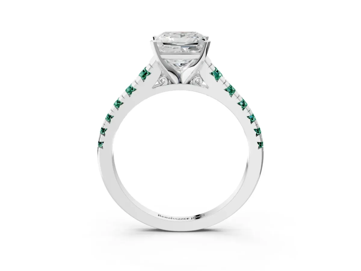 Princess Cut Diamond Cathedral Solitaire Ring with Round Green Sapphire Pavé Band Silver