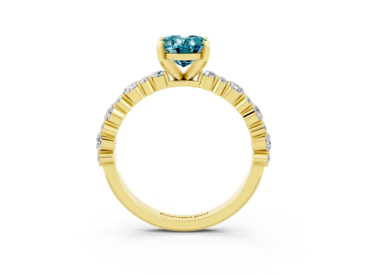 Oval Cut Blue Topaz Side Stone Solitaire Ring with Round and Four-Prong Setting Yellow gold