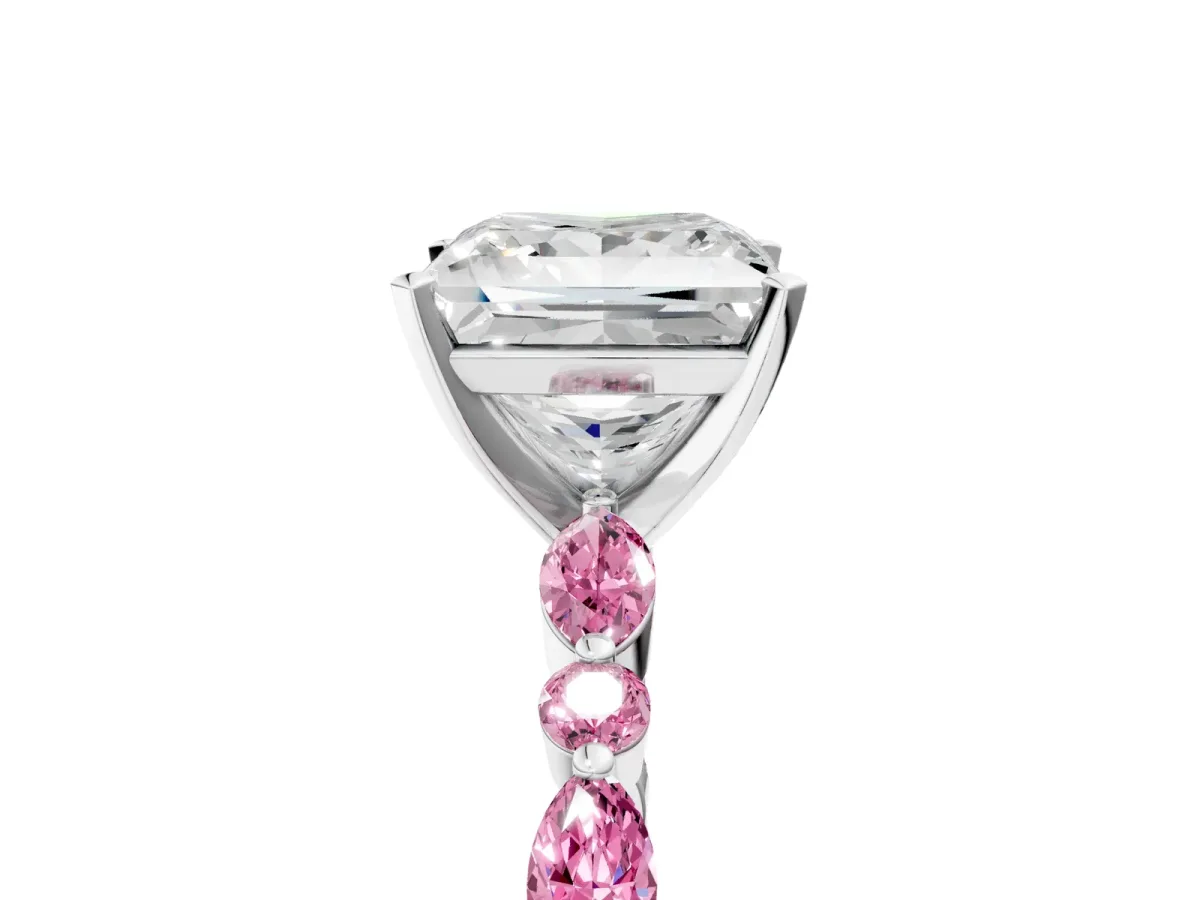 Princess Cut Diamond Ring with Marquise and Round Pink Sapphire Side Stones and Four-Prong Setting Silver