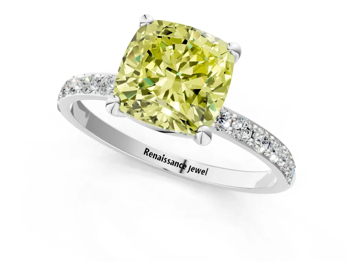 Fancy Yellow Cushion Cut Diamond Solitaire Ring with Round Pavé Band and Prong Setting White gold