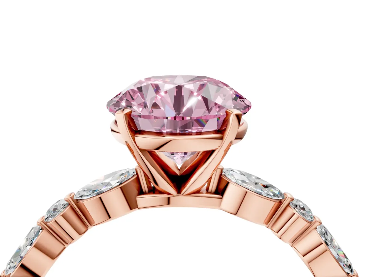 Fancy Pink Round Cut Diamond Ring with Marquise and Round Side Stones and Four-Prong Setting Rose gold