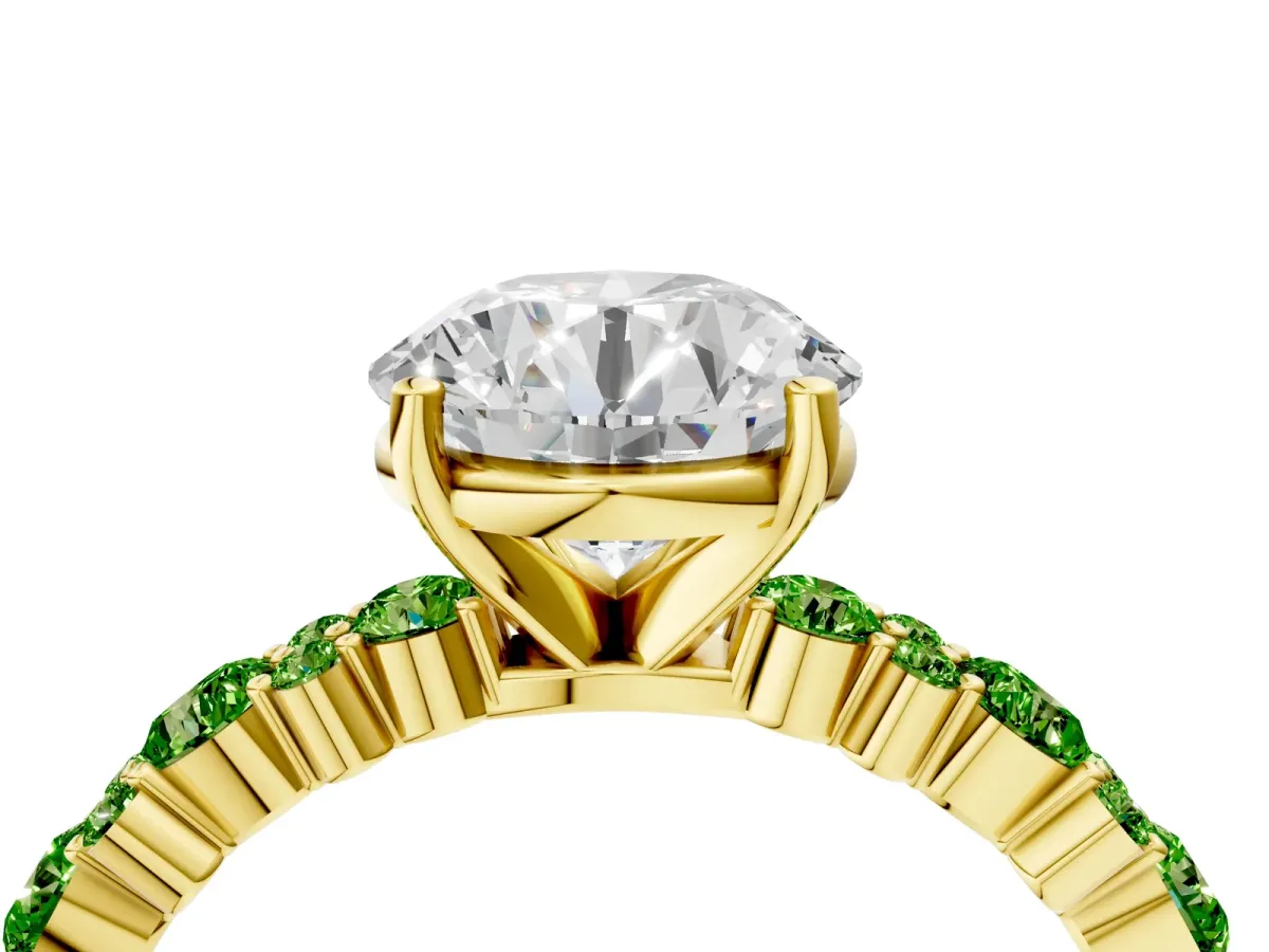 Round Cut Diamond Side Stone Solitaire Ring with Round Peridot and Four-Prong Setting Yellow gold