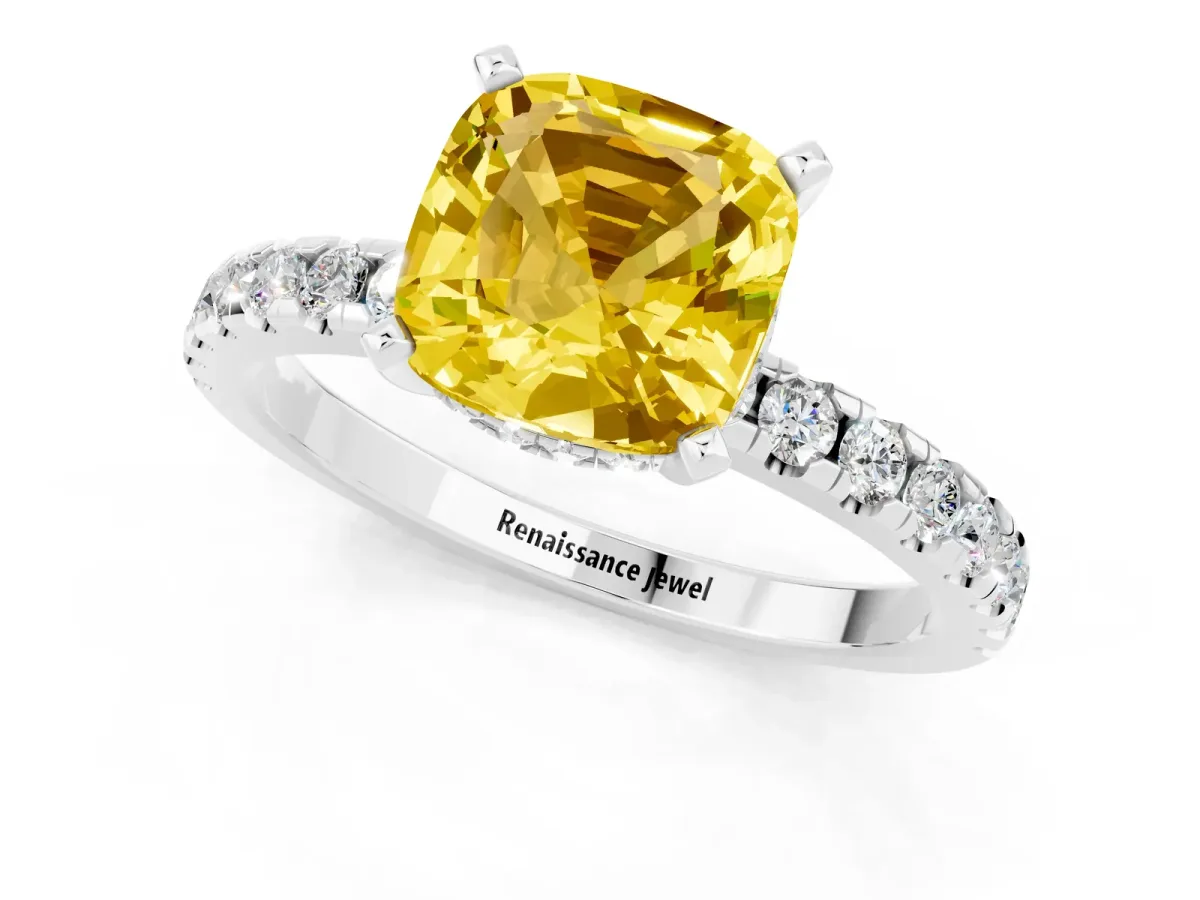 Cushion Cut Yellow Sapphire Solitaire Ring with Round Pavé Band and Four-Prong Setting Silver