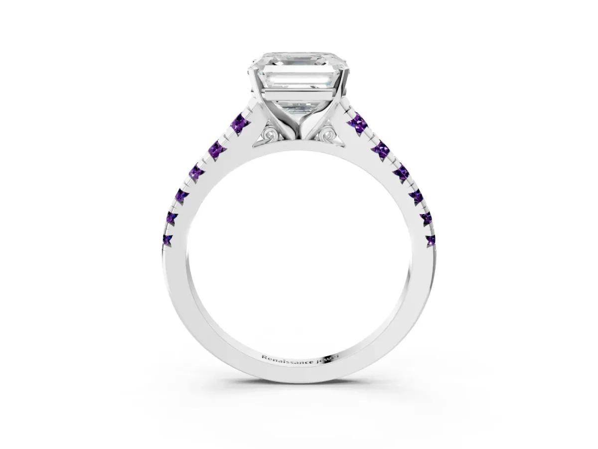 Asscher Cut Diamond Cathedral Solitaire Ring with Round Amethyst Pavé Band Platinum