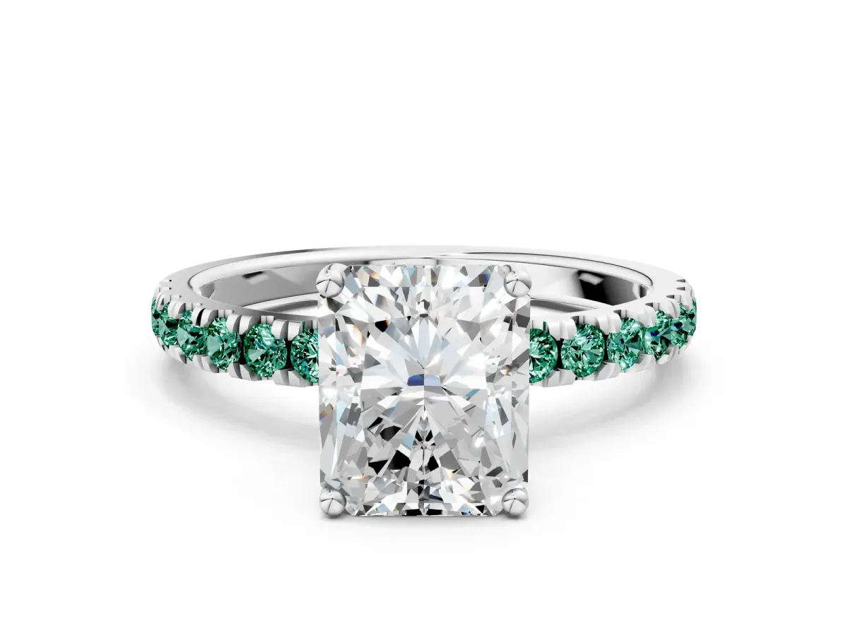 Radiant Cut Diamond Pave Band Solitaire Ring with Round Green Sapphire and Prong Setting Silver