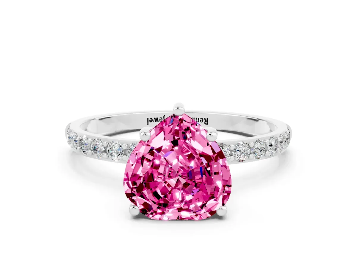 Heart Cut Pink Sapphire Solitaire Ring with Round Pavé Band and Prong Setting Platinum