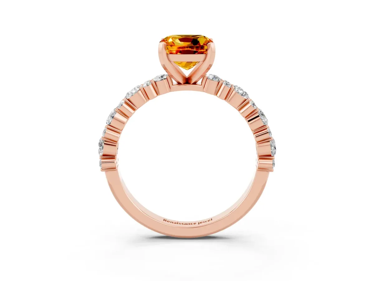 Cushion Cut Citrine Side Stone Solitaire Ring with Round and Four-Prong Setting Rose gold