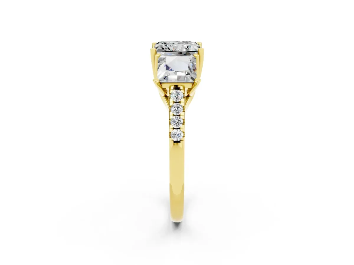 Three-Stone Princess Cut Moissanite Ring with Round Pavé Band and Prong Setting Yellow gold