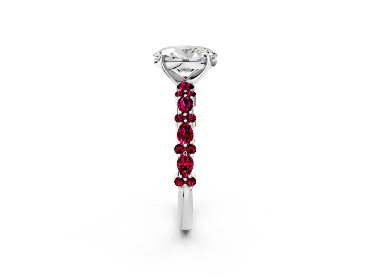 Oval Cut Diamond Side Stone Solitaire Ring with Round Garnet and Four-Prong Setting Silver