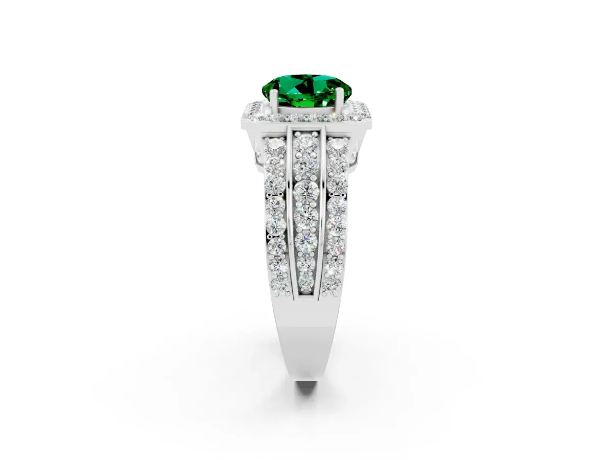 Round Cut Halo Emerald Ring with Round Split Shank and Prong Setting Platinum