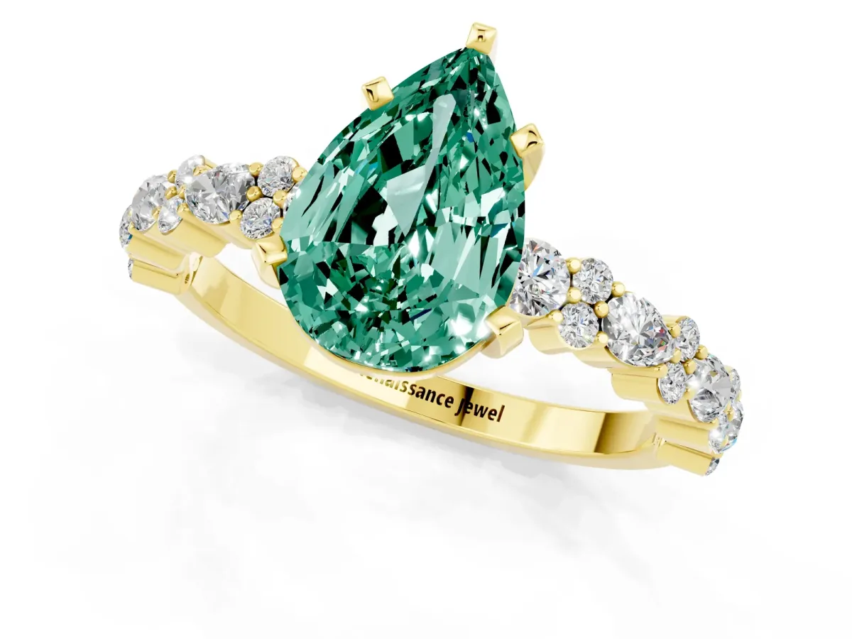 Pear Cut Green Sapphire Side Stone Solitaire Ring with Round and Four-Prong Setting Yellow gold